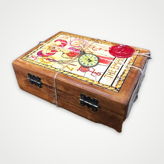Handmade wooden box for the Samiramay Tarot with The Empress on the lid, pocket watch charm, wax seal and twine