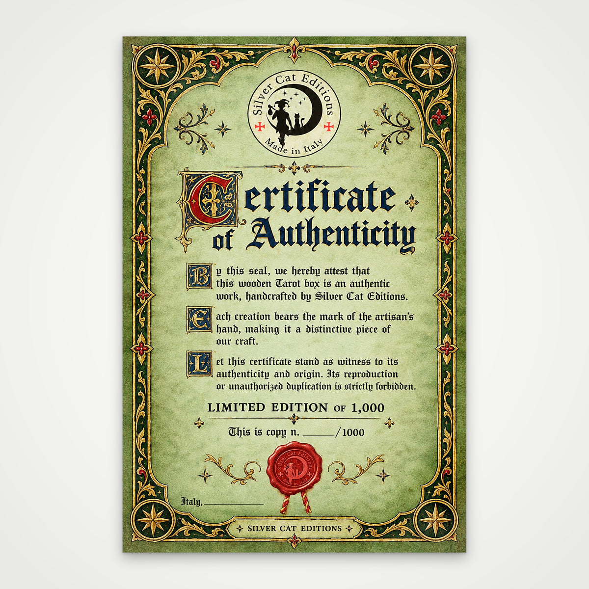 Numbered certificate of authenticity for the Fantasy World Tarot limited edition of 1000 copies