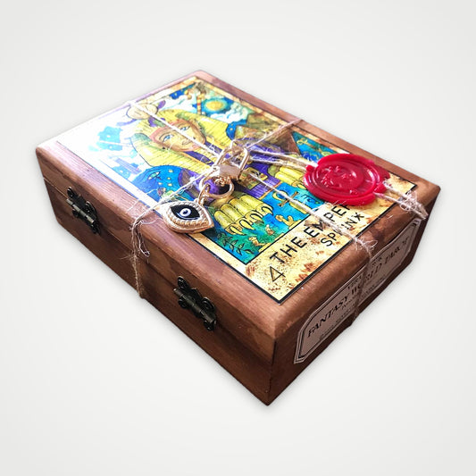 Fantasy World Tarot limited edition handmade wooden box with The Emperor Sphinx lid, wax seal and evil eye charm