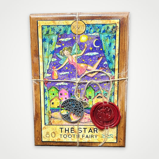 Fantasy World Tarot wooden box with The Star Tooth Fairy lid, twine, wax seal and tree of life charm