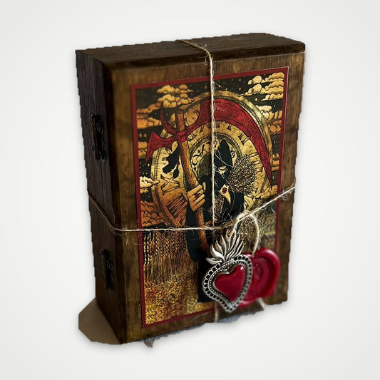 Gothic Mysteries Lenormand hand-painted brown wooden box with twine, red wax seal and silver heart charm, angled view