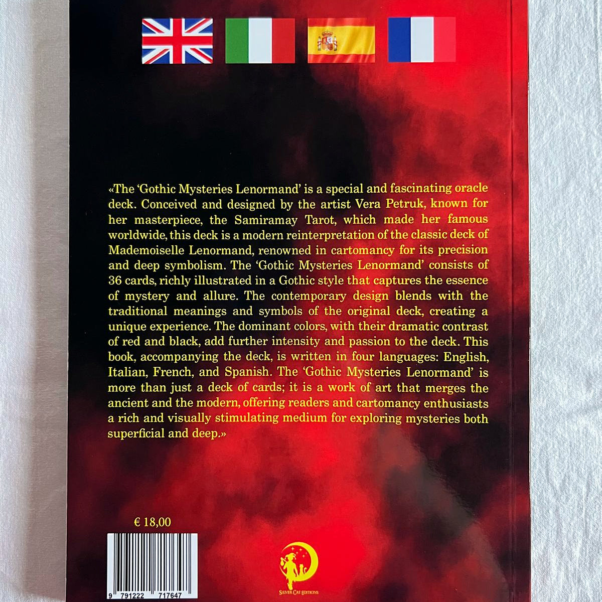 Back cover of the Gothic Mysteries Lenormand Book with the description in four languages and the ISBN barcode