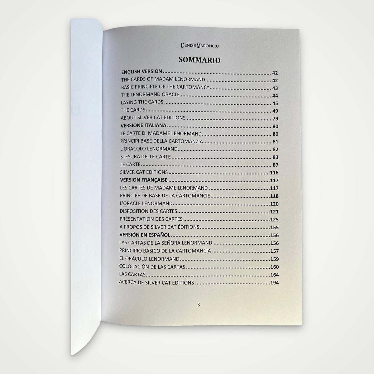 Table of contents of the Gothic Mysteries Lenormand Book, listing the English, Italian, French and Spanish versions