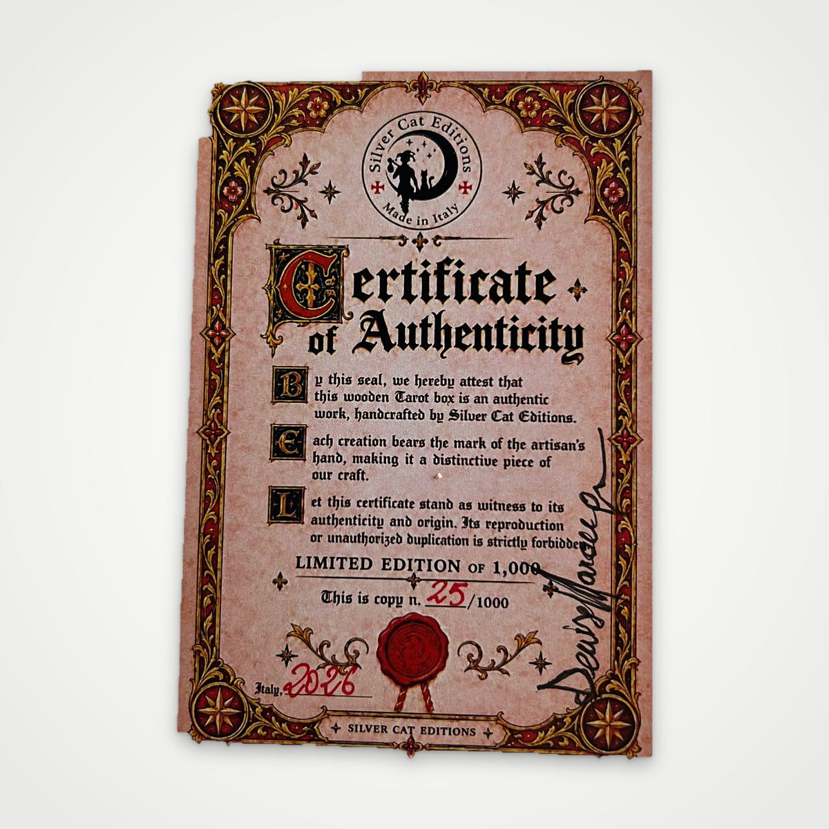 Numbered certificate of authenticity, limited edition of 1,000 copies, signed by the publisher
