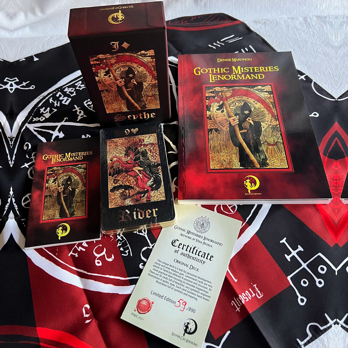 Gothic Mysteries Lenormand complete set: deck, booklet, certificate, book and black and red reading mat