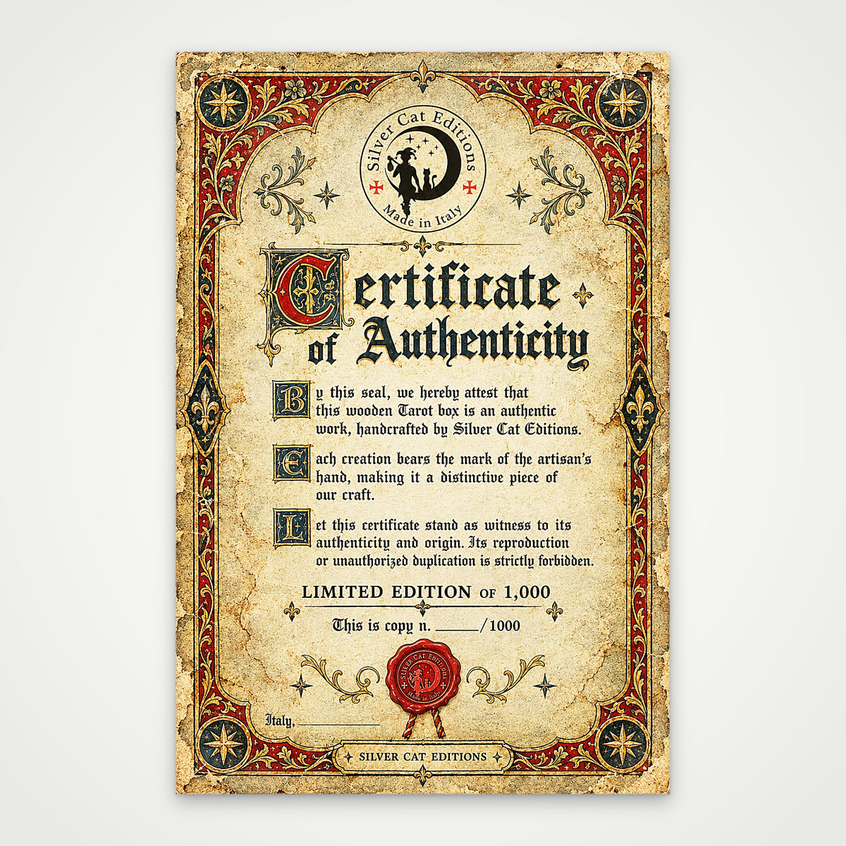 Numbered certificate of authenticity for the Samiramay Tarot limited edition of 1000 copies