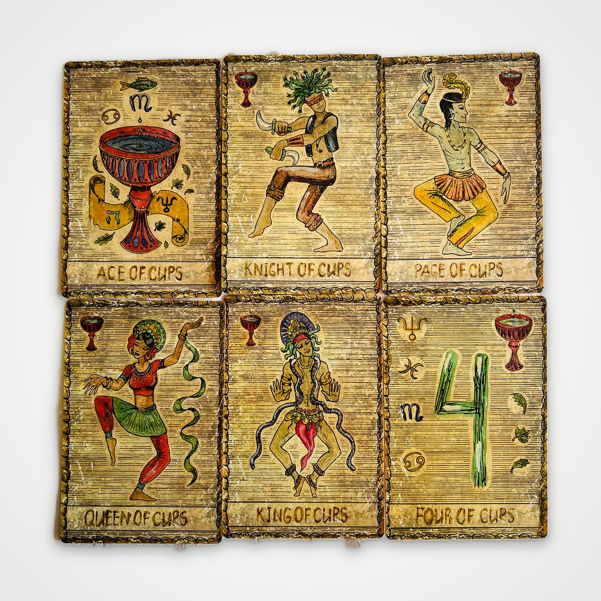 Samiramay Tarot Cups suit cards: Ace, Knight, Page, Queen, King and Four of Cups