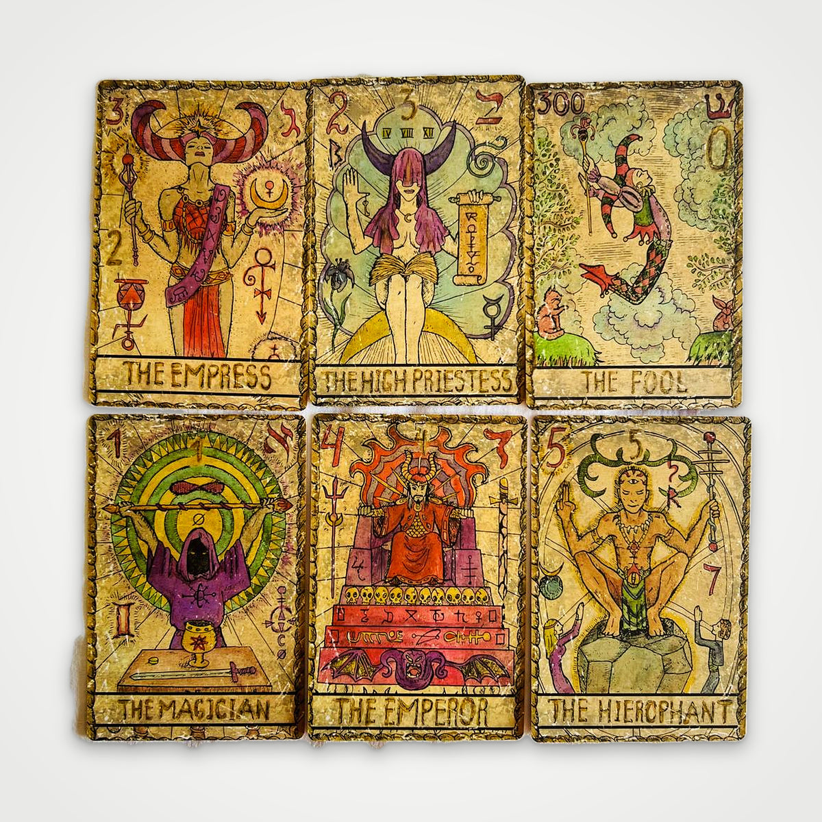 Samiramay Tarot Major Arcana cards: The Fool, The Magician, The High Priestess, The Empress, The Emperor, The Hierophant