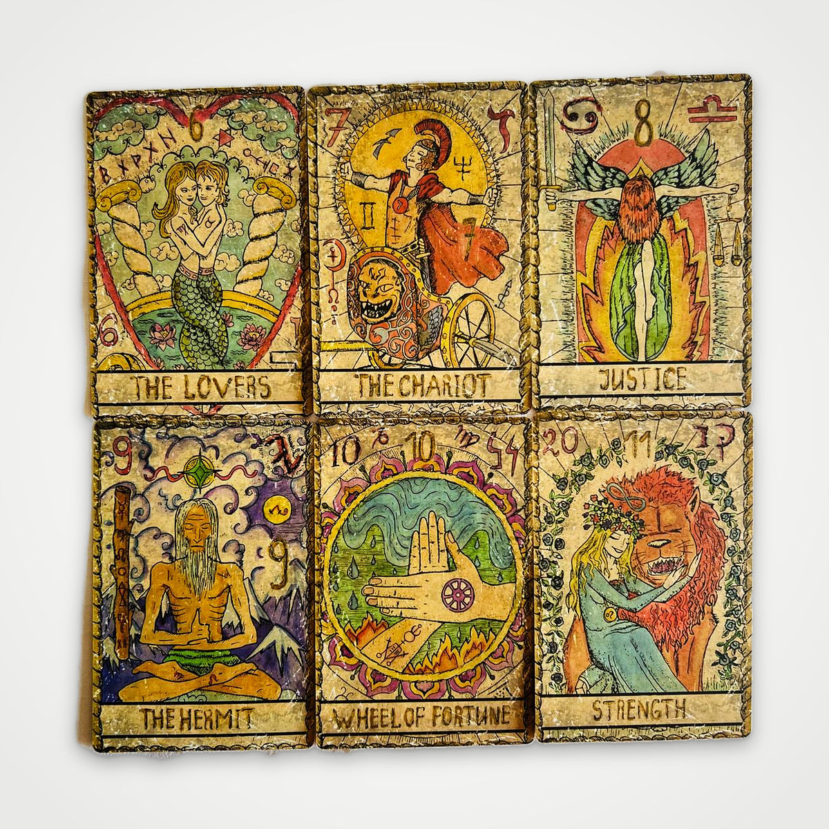 Samiramay Tarot Major Arcana cards: The Lovers, The Chariot, Justice, The Hermit, Wheel of Fortune, Strength