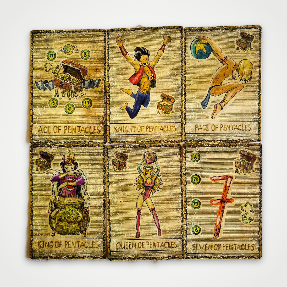 Samiramay Tarot Pentacles suit cards: Ace, Knight, Page, King, Queen and Seven of Pentacles