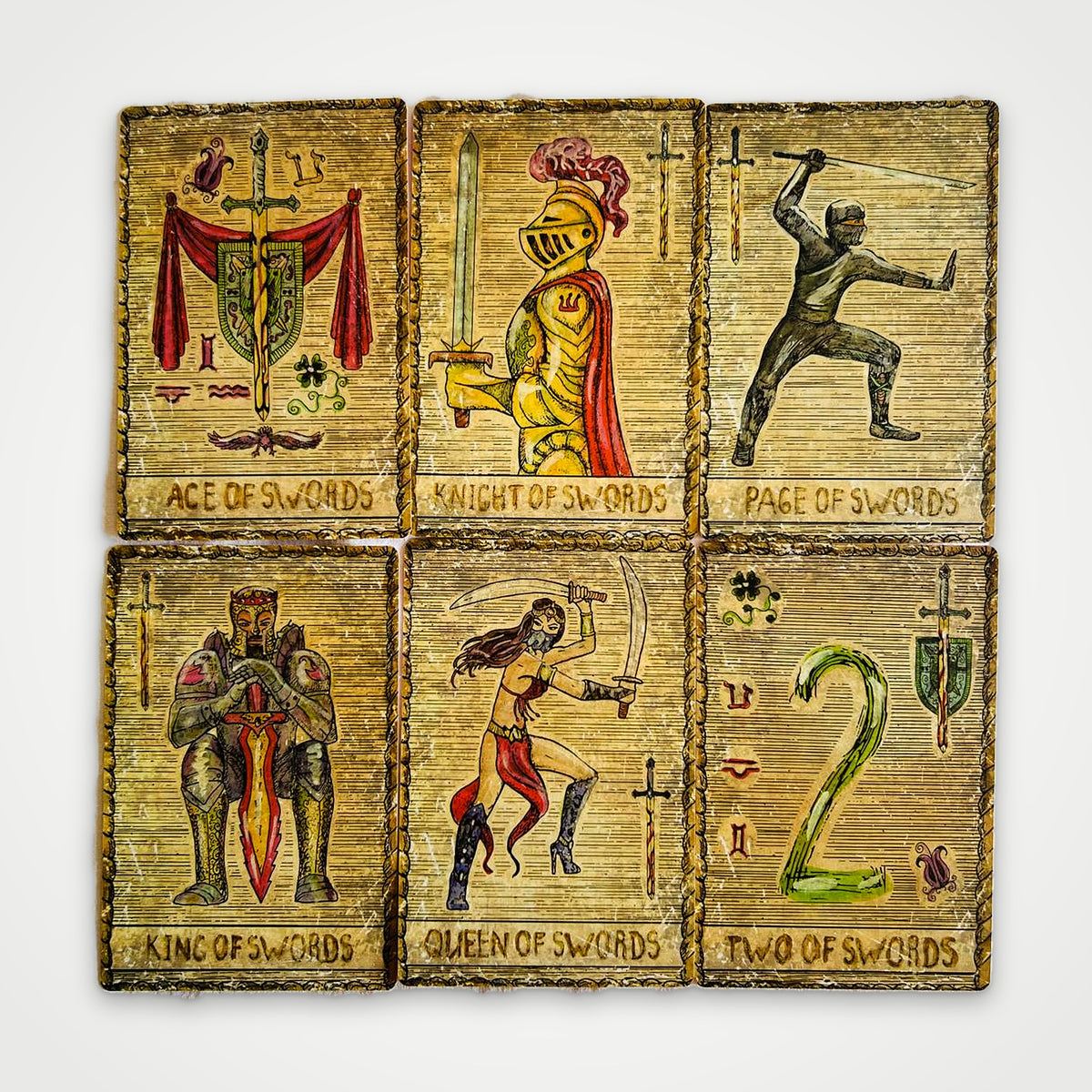 Samiramay Tarot Swords suit cards: Ace, Knight, Page, King, Queen and Two of Swords