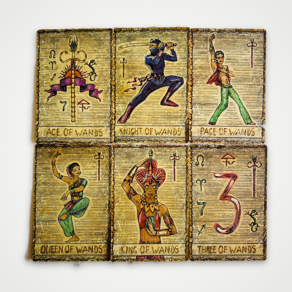 Samiramay Tarot Wands suit cards: Ace, Knight, Page, Queen, King and Three of Wands