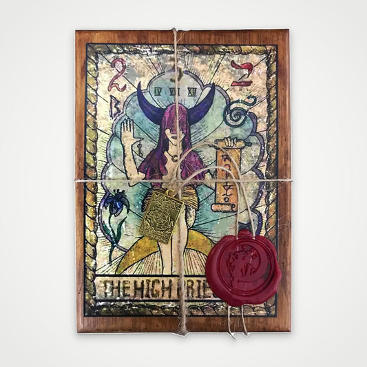 Samiramay Tarot limited edition wooden box with The High Priestess artwork, twine, wax seal and tarot charm
